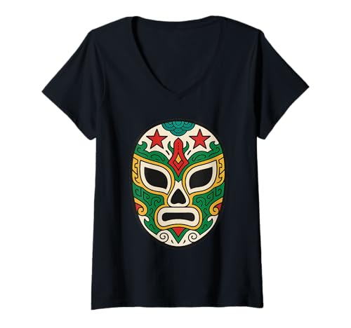 Damen Lucha Libre Maske Mexikanisches Wrestling Luchador Mexiko T-Shirt mit V-Ausschnitt Damen Lucha Libre Maske Mexikanisches Wrestling Luchador Mexiko T-Shirt mit V-Ausschnitt von Mexico Flag Designs Proud Mexican Roots