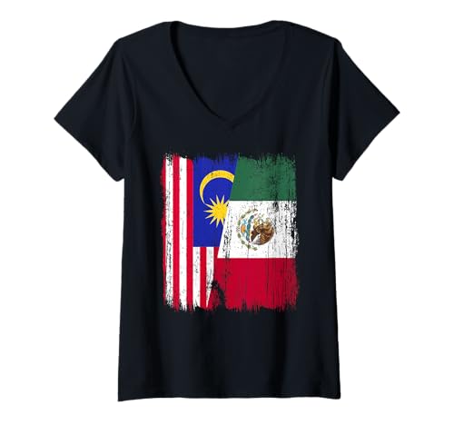 Damen Malaysia, Mexiko, halbe Flagge, malaysisches mexikanisches Erbe T-Shirt mit V-Ausschnitt Damen Malaysia, Mexiko, halbe Flagge, malaysisches mexikanisches Erbe T-Shirt mit V-Ausschnitt von Mexico Flag Designs Proud Mexican Roots