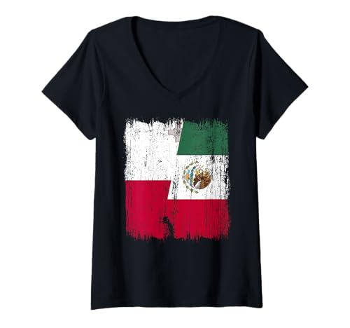 Damen Malta Mexiko Halbflagge maltesisches mexikanisches Erbe T-Shirt mit V-Ausschnitt Damen Malta Mexiko Halbflagge maltesisches mexikanisches Erbe T-Shirt mit V-Ausschnitt von Mexico Flag Designs Proud Mexican Roots