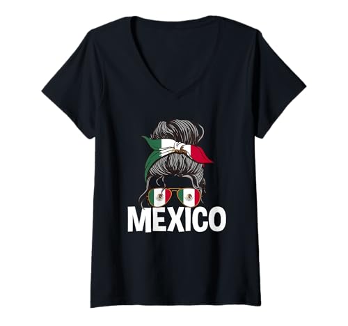 Damen Mexikanisches Mädchen Unordentlicher Haarknoten Mexican Pride Frau T-Shirt mit V-Ausschnitt Damen Mexikanisches Mädchen Unordentlicher Haarknoten Mexican Pride Frau T-Shirt mit V-Ausschnitt von Mexico Flag Designs Proud Mexican Roots