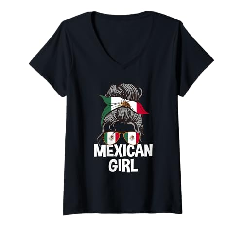Damen Mexikanisches Mädchen unordentlicher Haarknoten Mexiko Pride Woman T-Shirt mit V-Ausschnitt Damen Mexikanisches Mädchen unordentlicher Haarknoten Mexiko Pride Woman T-Shirt mit V-Ausschnitt von Mexico Flag Designs Proud Mexican Roots