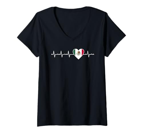 Damen Mexiko Herzschlag Design Mexikanische Flagge Viva Mexiko T-Shirt mit V-Ausschnitt Damen Mexiko Herzschlag Design Mexikanische Flagge Viva Mexiko T-Shirt mit V-Ausschnitt von Mexico Flag Designs Proud Mexican Roots