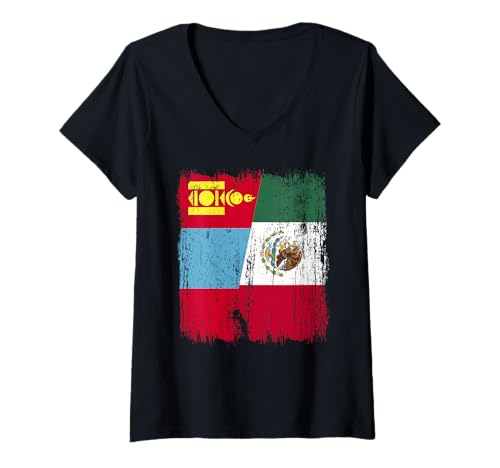 Damen Mongolei Mexiko Halbflagge mongolisches mexikanisches Erbe T-Shirt mit V-Ausschnitt Damen Mongolei Mexiko Halbflagge mongolisches mexikanisches Erbe T-Shirt mit V-Ausschnitt von Mexico Flag Designs Proud Mexican Roots