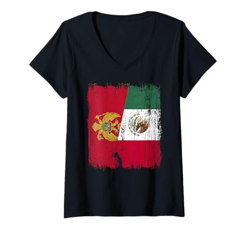 Damen Montenegro Mexiko Halbflagge montenegrinisches mexikanisches Erbe T-Shirt mit V-Ausschnitt Damen Montenegro Mexiko Halbflagge montenegrinisches mexikanisches Erbe T-Shirt mit V-Ausschnitt von Mexico Flag Designs Proud Mexican Roots