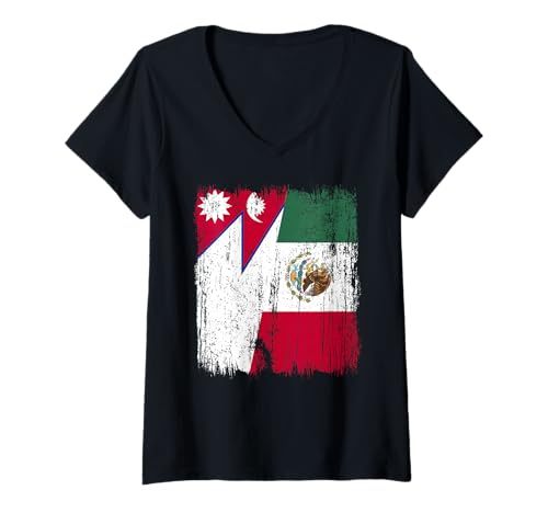 Damen Nepal Mexiko Halbflagge Nepalesisches mexikanisches Erbe T-Shirt mit V-Ausschnitt Damen Nepal Mexiko Halbflagge Nepalesisches mexikanisches Erbe T-Shirt mit V-Ausschnitt von Mexico Flag Designs Proud Mexican Roots