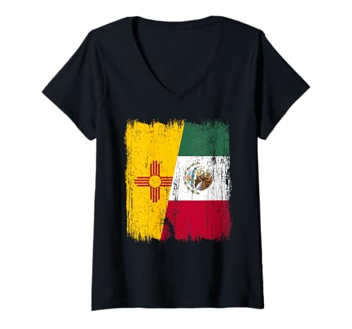 Damen New Mexico Mexiko Halbe Flagge New Mexican Mexican Heritage T-Shirt mit V-Ausschnitt Damen New Mexico Mexiko Halbe Flagge New Mexican Mexican Heritage T-Shirt mit V-Ausschnitt von Mexico Flag Designs Proud Mexican Roots