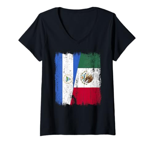 Damen Nicaragua Mexiko Halbflagge Nicaraguanisches mexikanisches Erbe T-Shirt mit V-Ausschnitt Damen Nicaragua Mexiko Halbflagge Nicaraguanisches mexikanisches Erbe T-Shirt mit V-Ausschnitt von Mexico Flag Designs Proud Mexican Roots