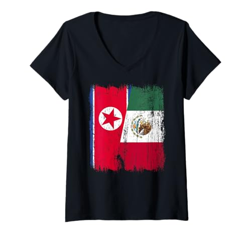 Damen Nordkorea Mexiko Halbflagge Nordkoreanisches mexikanisches Erbe T-Shirt mit V-Ausschnitt Damen Nordkorea Mexiko Halbflagge Nordkoreanisches mexikanisches Erbe T-Shirt mit V-Ausschnitt von Mexico Flag Designs Proud Mexican Roots