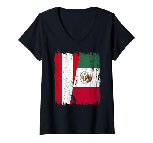 Damen Österreich, Mexiko, halbe Flagge, österreichisches mexikanisches T-Shirt mit V-Ausschnitt Damen Österreich, Mexiko, halbe Flagge, österreichisches mexikanisches T-Shirt mit V-Ausschnitt von Mexico Flag Designs Proud Mexican Roots