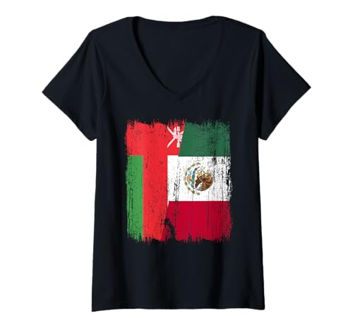 Damen Oman Mexiko Halbflagge Omanisches mexikanisches Erbe T-Shirt mit V-Ausschnitt Damen Oman Mexiko Halbflagge Omanisches mexikanisches Erbe T-Shirt mit V-Ausschnitt von Mexico Flag Designs Proud Mexican Roots