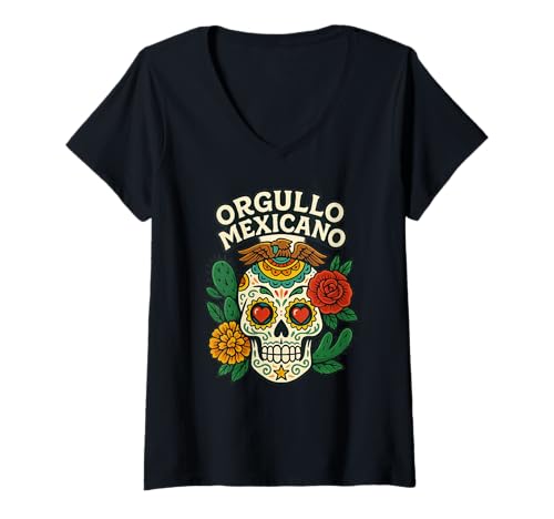 Damen Orgullo Mexicano Mexican Pride Día de los Muertos T-Shirt mit V-Ausschnitt Damen Orgullo Mexicano Mexican Pride Día de los Muertos T-Shirt mit V-Ausschnitt von Mexico Flag Designs Proud Mexican Roots