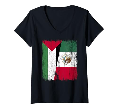 Damen Palästina Mexiko halbe Flagge Palästinensisches mexikanisches Erbe T-Shirt mit V-Ausschnitt Damen Palästina Mexiko halbe Flagge Palästinensisches mexikanisches Erbe T-Shirt mit V-Ausschnitt von Mexico Flag Designs Proud Mexican Roots