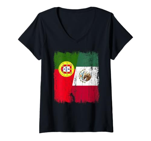 Damen Portugal Mexiko Halbflagge Portugiesisches mexikanisches Erbe T-Shirt mit V-Ausschnitt Damen Portugal Mexiko Halbflagge Portugiesisches mexikanisches Erbe T-Shirt mit V-Ausschnitt von Mexico Flag Designs Proud Mexican Roots