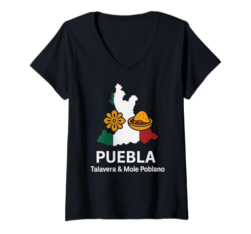 Damen Puebla Mexiko Talavera und Maulwurf Poblano Puebla Food Pride T-Shirt mit V-Ausschnitt von Mexico Flag Designs Proud Mexican Roots