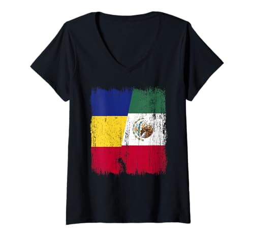 Damen Rumänien Mexiko halbe Flagge Rumänisches mexikanisches Erbe T-Shirt mit V-Ausschnitt Damen Rumänien Mexiko halbe Flagge Rumänisches mexikanisches Erbe T-Shirt mit V-Ausschnitt von Mexico Flag Designs Proud Mexican Roots