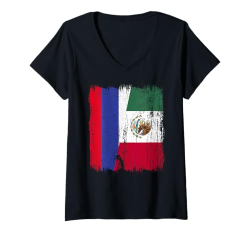 Damen Russland, Mexiko, halbe Flagge, russisch-mexikanisches T-Shirt mit V-Ausschnitt Damen Russland, Mexiko, halbe Flagge, russisch-mexikanisches T-Shirt mit V-Ausschnitt von Mexico Flag Designs Proud Mexican Roots