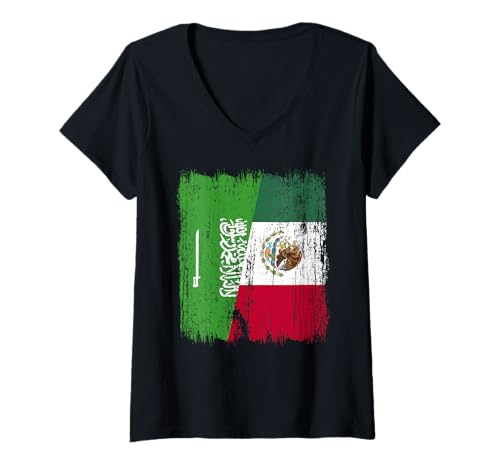 Damen Saudi-Arabien, Mexiko, halbe Flagge, saudi-arabisch, mexikanisches Erbe T-Shirt mit V-Ausschnitt Damen Saudi-Arabien, Mexiko, halbe Flagge, saudi-arabisch, mexikanisches Erbe T-Shirt mit V-Ausschnitt von Mexico Flag Designs Proud Mexican Roots