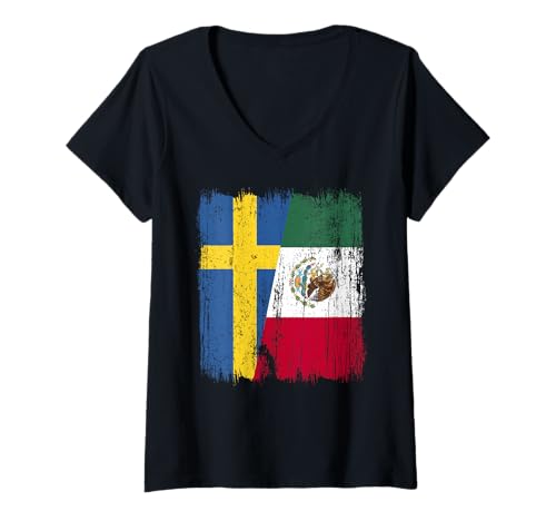 Damen Schweden Mexiko Halbflagge Schwedisches mexikanisches Erbe T-Shirt mit V-Ausschnitt Damen Schweden Mexiko Halbflagge Schwedisches mexikanisches Erbe T-Shirt mit V-Ausschnitt von Mexico Flag Designs Proud Mexican Roots