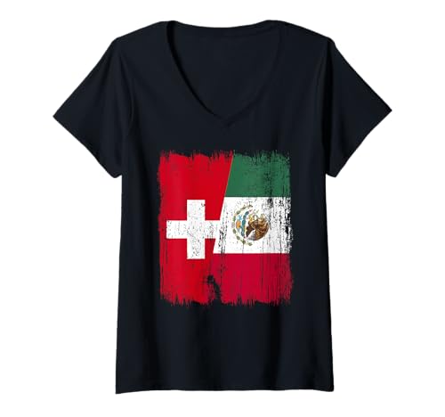 Damen Schweiz Mexiko Halbflagge Schweiz Mexikanisches Erbe T-Shirt mit V-Ausschnitt Damen Schweiz Mexiko Halbflagge Schweiz Mexikanisches Erbe T-Shirt mit V-Ausschnitt von Mexico Flag Designs Proud Mexican Roots