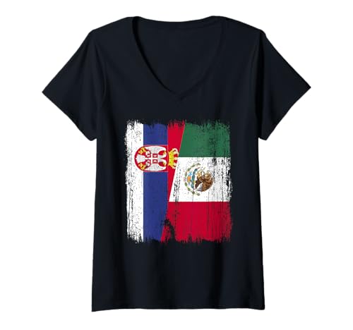 Damen Serbien, Mexiko, halbe Flagge, serbisches mexikanisches Erbe T-Shirt mit V-Ausschnitt Damen Serbien, Mexiko, halbe Flagge, serbisches mexikanisches Erbe T-Shirt mit V-Ausschnitt von Mexico Flag Designs Proud Mexican Roots