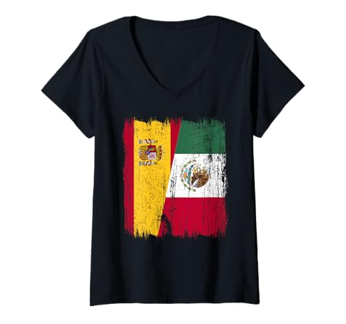 Damen Spanien, Mexiko, halbe Flagge, spanisches mexikanisches Erbe T-Shirt mit V-Ausschnitt Damen Spanien, Mexiko, halbe Flagge, spanisches mexikanisches Erbe T-Shirt mit V-Ausschnitt von Mexico Flag Designs Proud Mexican Roots