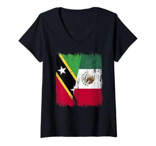 Damen St. Kitts und Nevis Mexiko Halbflagge T-Shirt mit V-Ausschnitt Damen St. Kitts und Nevis Mexiko Halbflagge T-Shirt mit V-Ausschnitt von Mexico Flag Designs Proud Mexican Roots
