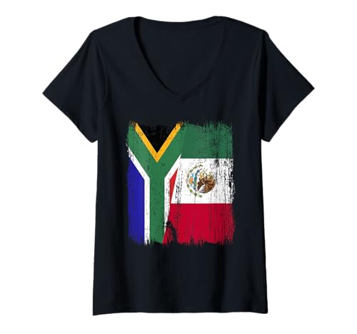 Damen Südafrika, Mexiko, halbe Flagge, südafrikanisches mexikanisches Erbe T-Shirt mit V-Ausschnitt Damen Südafrika, Mexiko, halbe Flagge, südafrikanisches mexikanisches Erbe T-Shirt mit V-Ausschnitt von Mexico Flag Designs Proud Mexican Roots