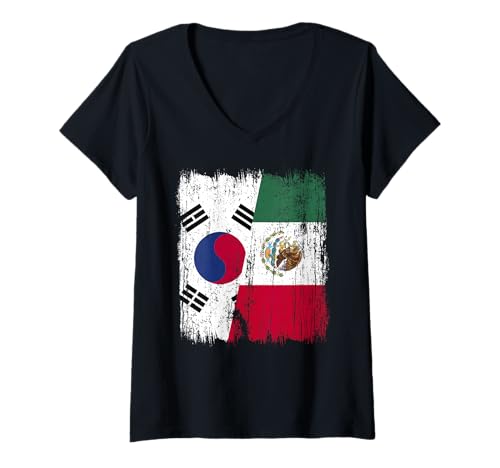 Damen Südkorea Mexiko Halbflagge Südkoreanisches mexikanisches Erbe T-Shirt mit V-Ausschnitt Damen Südkorea Mexiko Halbflagge Südkoreanisches mexikanisches Erbe T-Shirt mit V-Ausschnitt von Mexico Flag Designs Proud Mexican Roots