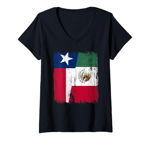 Damen Texas Mexiko halbe Flagge Texanisches mexikanisches Erbe T-Shirt mit V-Ausschnitt Damen Texas Mexiko halbe Flagge Texanisches mexikanisches Erbe T-Shirt mit V-Ausschnitt von Mexico Flag Designs Proud Mexican Roots