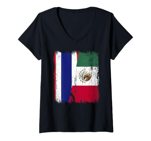 Damen Thailand, Mexiko, halbe Flagge, thailändisches mexikanisches Erbe T-Shirt mit V-Ausschnitt Damen Thailand, Mexiko, halbe Flagge, thailändisches mexikanisches Erbe T-Shirt mit V-Ausschnitt von Mexico Flag Designs Proud Mexican Roots