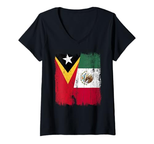 Damen Timor-Leste Mexiko Halbflagge T-Shirt mit V-Ausschnitt Damen Timor-Leste Mexiko Halbflagge T-Shirt mit V-Ausschnitt von Mexico Flag Designs Proud Mexican Roots