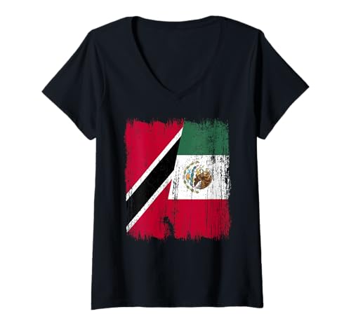 Damen Trinidad und Tobago Mexiko Halbflagge Trinidadian Mexikaner T-Shirt mit V-Ausschnitt Damen Trinidad und Tobago Mexiko Halbflagge Trinidadian Mexikaner T-Shirt mit V-Ausschnitt von Mexico Flag Designs Proud Mexican Roots