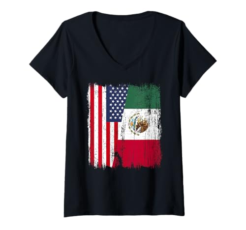 Damen USA Mexiko Halbflagge Amerikanisches mexikanisches Erbe T-Shirt mit V-Ausschnitt Damen USA Mexiko Halbflagge Amerikanisches mexikanisches Erbe T-Shirt mit V-Ausschnitt von Mexico Flag Designs Proud Mexican Roots