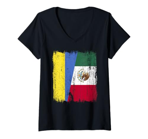 Damen Ukraine Mexiko Halbflagge Ukrainisches mexikanisches Erbe T-Shirt mit V-Ausschnitt Damen Ukraine Mexiko Halbflagge Ukrainisches mexikanisches Erbe T-Shirt mit V-Ausschnitt von Mexico Flag Designs Proud Mexican Roots