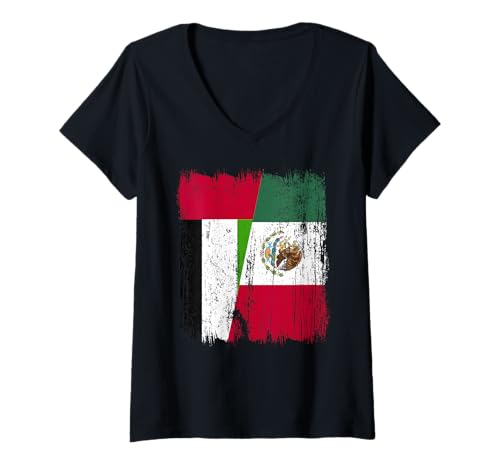 Damen VAE Mexiko Halbflagge Emirati Mexikanisches Erbe T-Shirt mit V-Ausschnitt Damen VAE Mexiko Halbflagge Emirati Mexikanisches Erbe T-Shirt mit V-Ausschnitt von Mexico Flag Designs Proud Mexican Roots