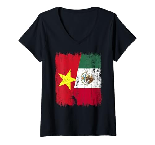 Damen Vietnam Mexiko Halbflagge Vietnamesisches mexikanisches Erbe T-Shirt mit V-Ausschnitt Damen Vietnam Mexiko Halbflagge Vietnamesisches mexikanisches Erbe T-Shirt mit V-Ausschnitt von Mexico Flag Designs Proud Mexican Roots
