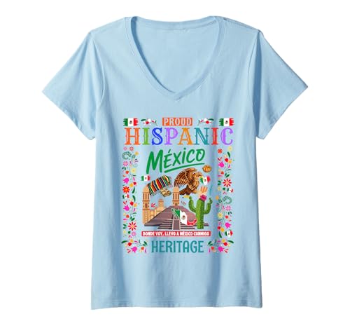 Damen Mexikanische Kultur Themed Outfit Idee für Kinder & Mexiko Flagge T-Shirt mit V-Ausschnitt von Mexico Flag Hispanic Heritage Month Idea For Women