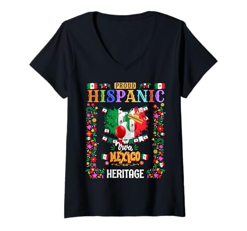 Damen Mexikanisches Erbe Kostüm Outfit Idee für Kinder & Mexiko Flagge T-Shirt mit V-Ausschnitt von Mexico Hispanic Heritage Month Idea For Women
