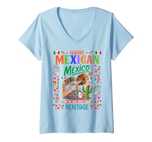 Damen Mexikanische Kultur Themed Outfit Idee für Kinder & Mexiko Flagge T-Shirt mit V-Ausschnitt von Mexico Independence Day Outfit Ideas For Women
