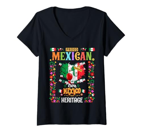 Damen Mexikanisches Erbe Kostüm Outfit Idee für Kinder & Mexiko Flagge T-Shirt mit V-Ausschnitt von Mexico Independence Day Outfit Ideas For Women