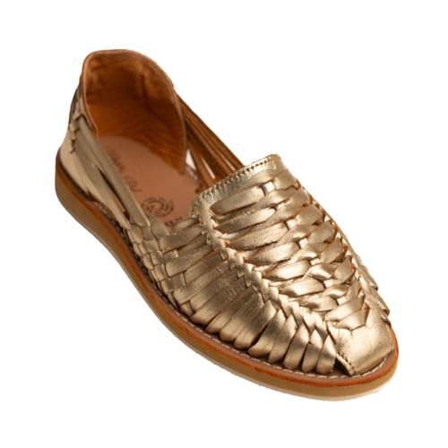 Mexico en la Piel Handgefertigte Huarache-Flats aus Leder für Damen – Farbe Cajeta oder Gold – geschlossene Zehenpartie – bequeme Freizeitschuhe – hergestellt in Mexiko, Gold, 39.5 EU von Mexico en la Piel