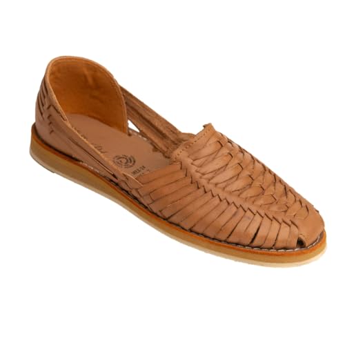 Mexico en la Piel Handgefertigte Huarache-Flats aus Leder für Damen – Farbe Cajeta oder Gold – geschlossene Zehenpartie – bequeme Freizeitschuhe – hergestellt in Mexiko, Hellbraun, 36 EU von Mexico en la Piel