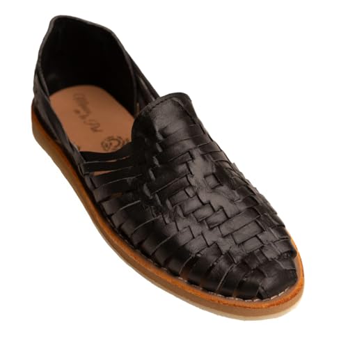 Mexico en la Piel Huarache Damen Handgefertigte Leder Flats - Slip-On Geschlossene Zehen Sandalen - Weiß & Schwarz, Schwarz, 37.5 EU von Mexico en la Piel