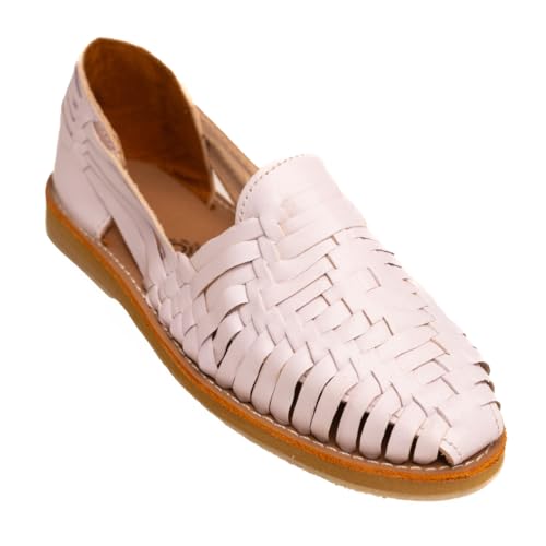Mexico en la Piel Huarache Damen Handgefertigte Leder Flats - Slip-On Geschlossene Zehen Sandalen - Weiß & Schwarz, Weiss/opulenter Garten, 37.5 EU von Mexico en la Piel