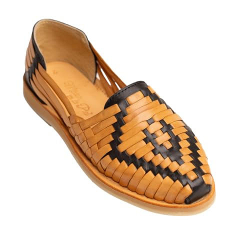 Mexico en la Piel Huarache Damen-Sandalen aus echtem Leder, handgefertigte Slip-On-Flats mit zweifarbigem verwobenem Design, leicht, bequem, schwarz und beige, 39 EU von Mexico en la Piel