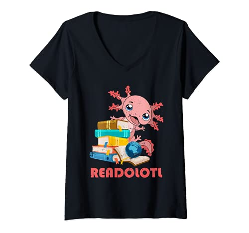 Damen Bücherwurm Amphibien Bücher Lesen Haustier Axolotl T-Shirt mit V-Ausschnitt Damen Bücherwurm Amphibien Bücher Lesen Haustier Axolotl T-Shirt mit V-Ausschnitt von Mexikanische Amphibien Axolotl Schwanzlurch