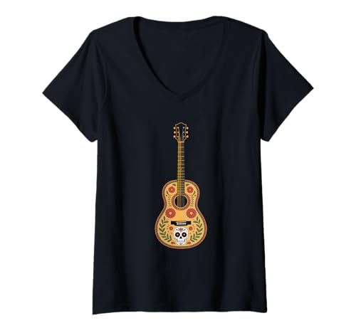 Damen Akustikgitarre Blumen Calavera Dia De Los Muertos Motiv T-Shirt mit V-Ausschnitt Damen Akustikgitarre Blumen Calavera Dia De Los Muertos Motiv T-Shirt mit V-Ausschnitt von Mexikanische Gitarre Calavera Dia De Los Muertos
