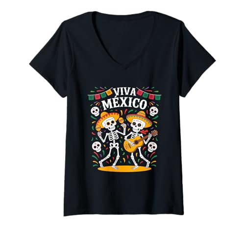 Damen Viva Mexico Calavera Sombrero Mariachi Fiesta T-Shirt mit V-Ausschnitt von Mexikanische Kultur Dia De Los Muertos Fiesta