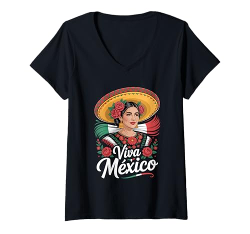 Damen Viva México Mexiko Sombrero Folklore Tracht T-Shirt mit V-Ausschnitt Damen Viva México Mexiko Sombrero Folklore Tracht T-Shirt mit V-Ausschnitt von Mexikanische Kultur Sombrero Folklore Tracht