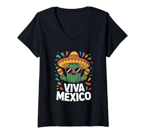 Damen Viva México Kaktus Mit Sombrero Und Maracas Party T-Shirt mit V-Ausschnitt Damen Viva México Kaktus Mit Sombrero Und Maracas Party T-Shirt mit V-Ausschnitt von Mexikanische Party Kaktus Hut Rasseln Konfetti